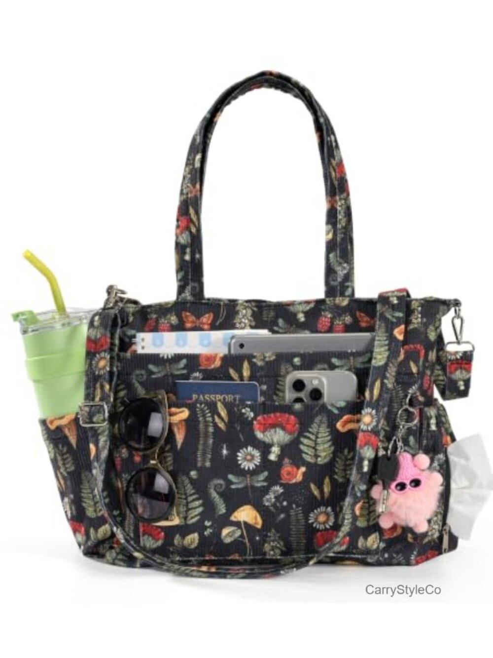 Corduroy Tote Bag Large Crossbody Shoulder Handbag Floral Travel